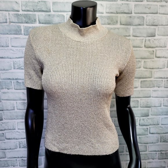 Vintage Tops - Vintage 90s Real Ellemenno Womens L Champagne Ribbed Stretch Knit S/S Turtleneck